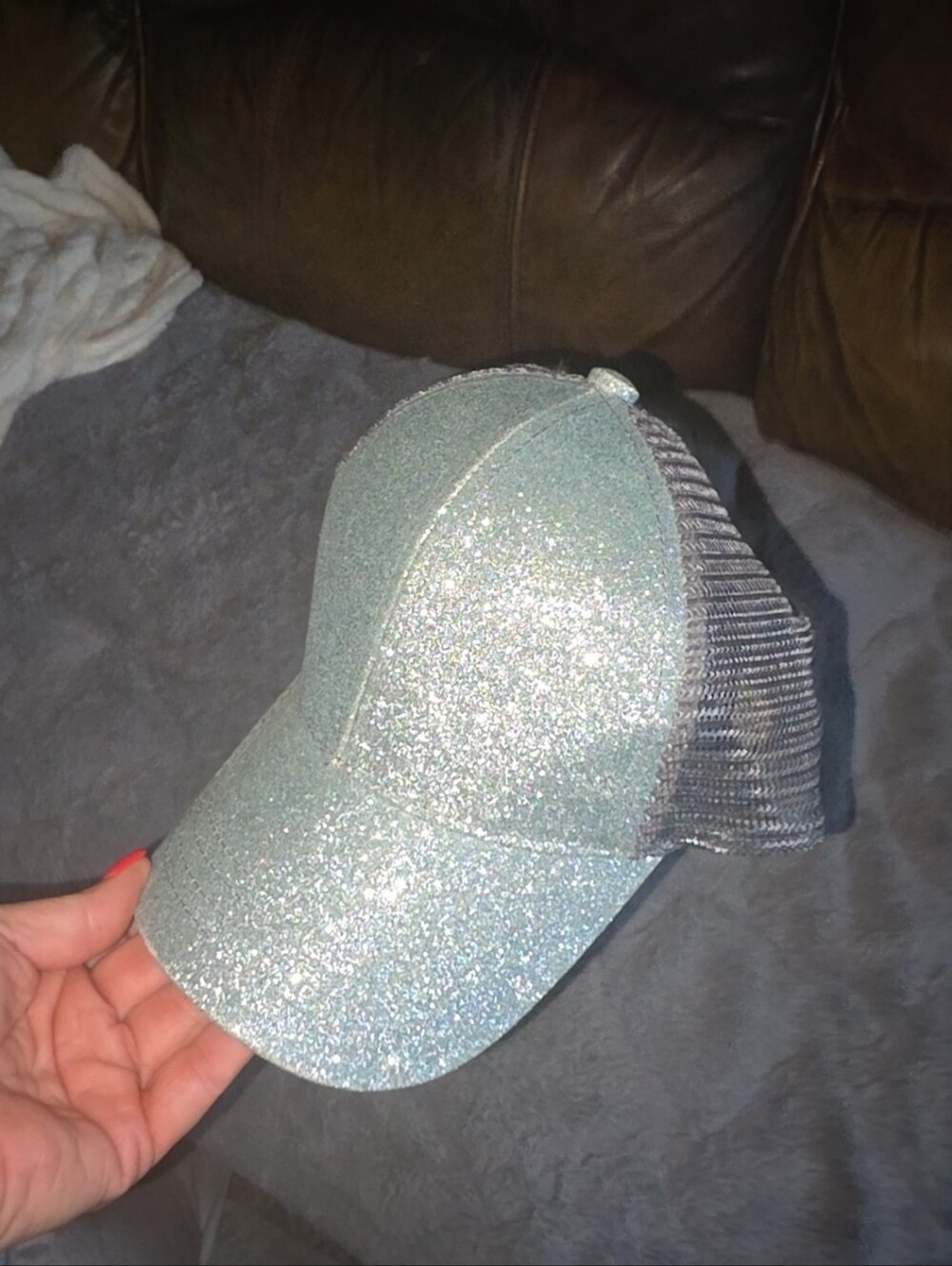 CC Glitter Mesh Youth Girls Baseball Cap - Light Blue/Grey